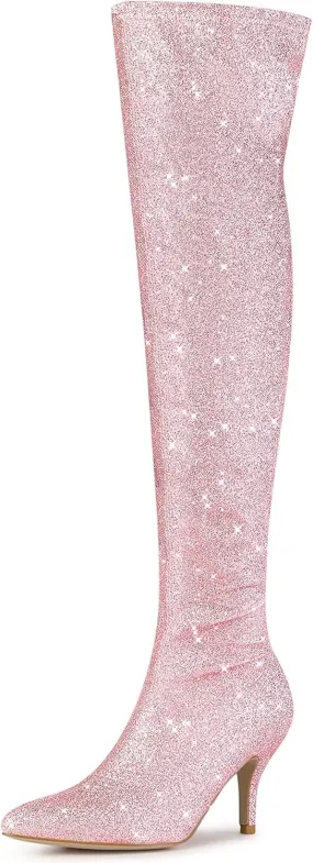 Allegra K Women's Glitter Pointed Toe Stiletto Heel Over the Knee Thigh High Boot
