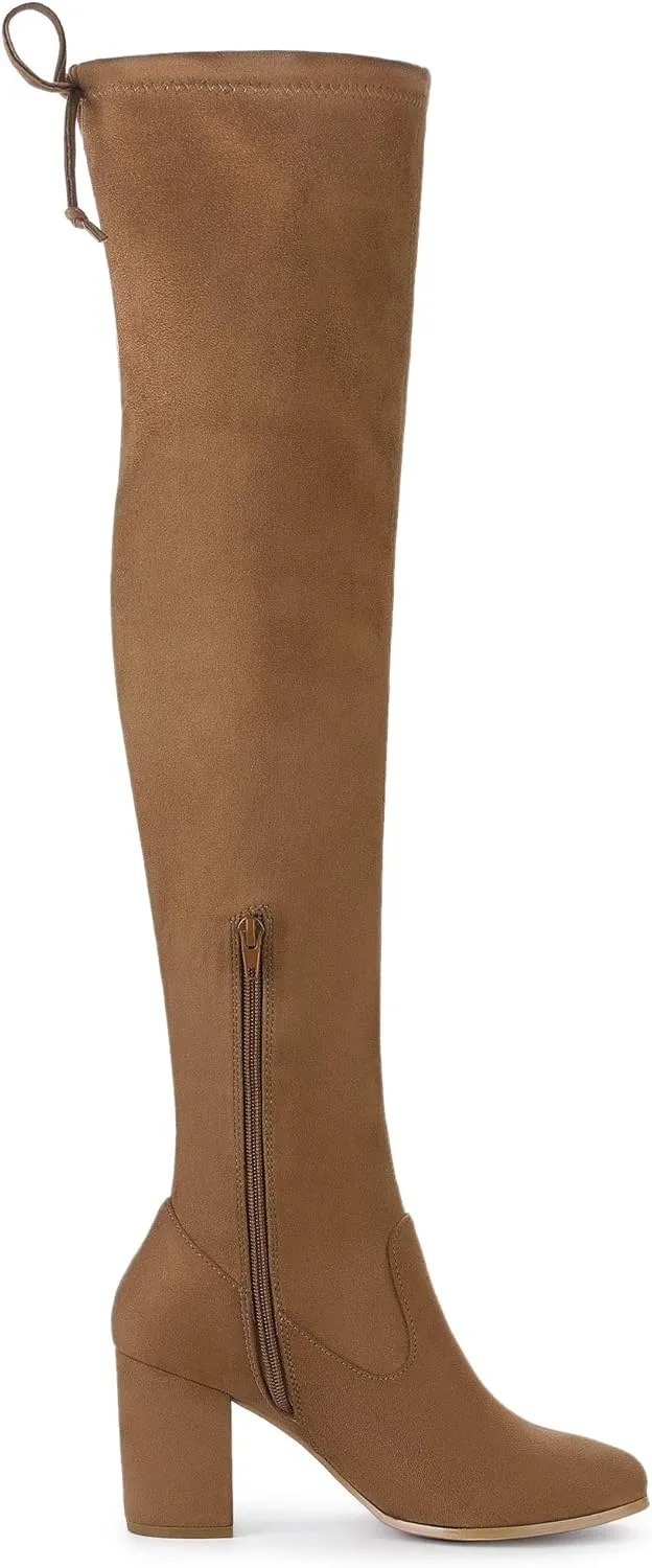 Allegra K Women's Round Toe Chunky Heel Over the Knee High Boots