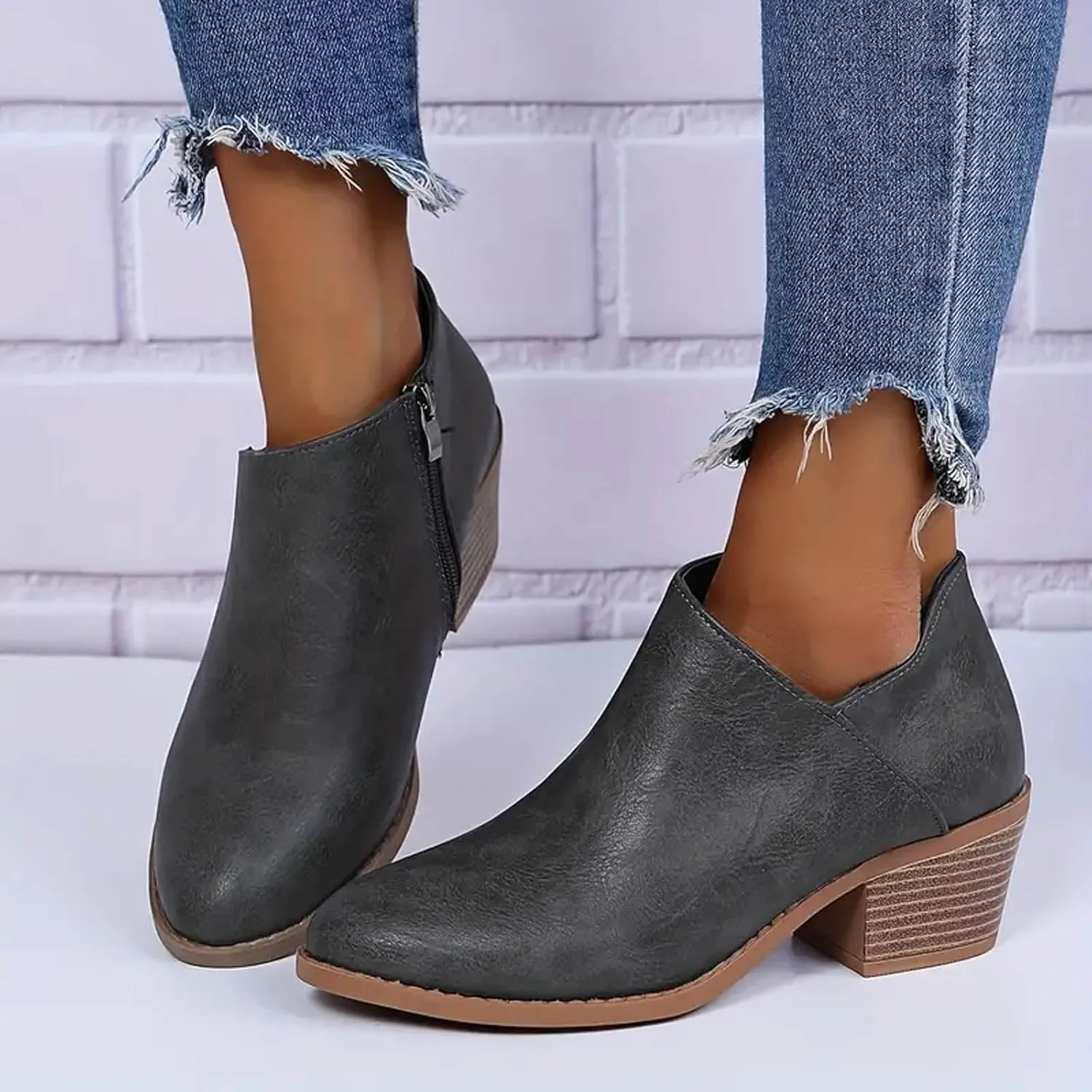 AMDBEL Womens Boots Ankle, Ankle Booties Low Chunky Block Heel Side Zipper Pointd Toe Fall Winter Short Boots Shoes