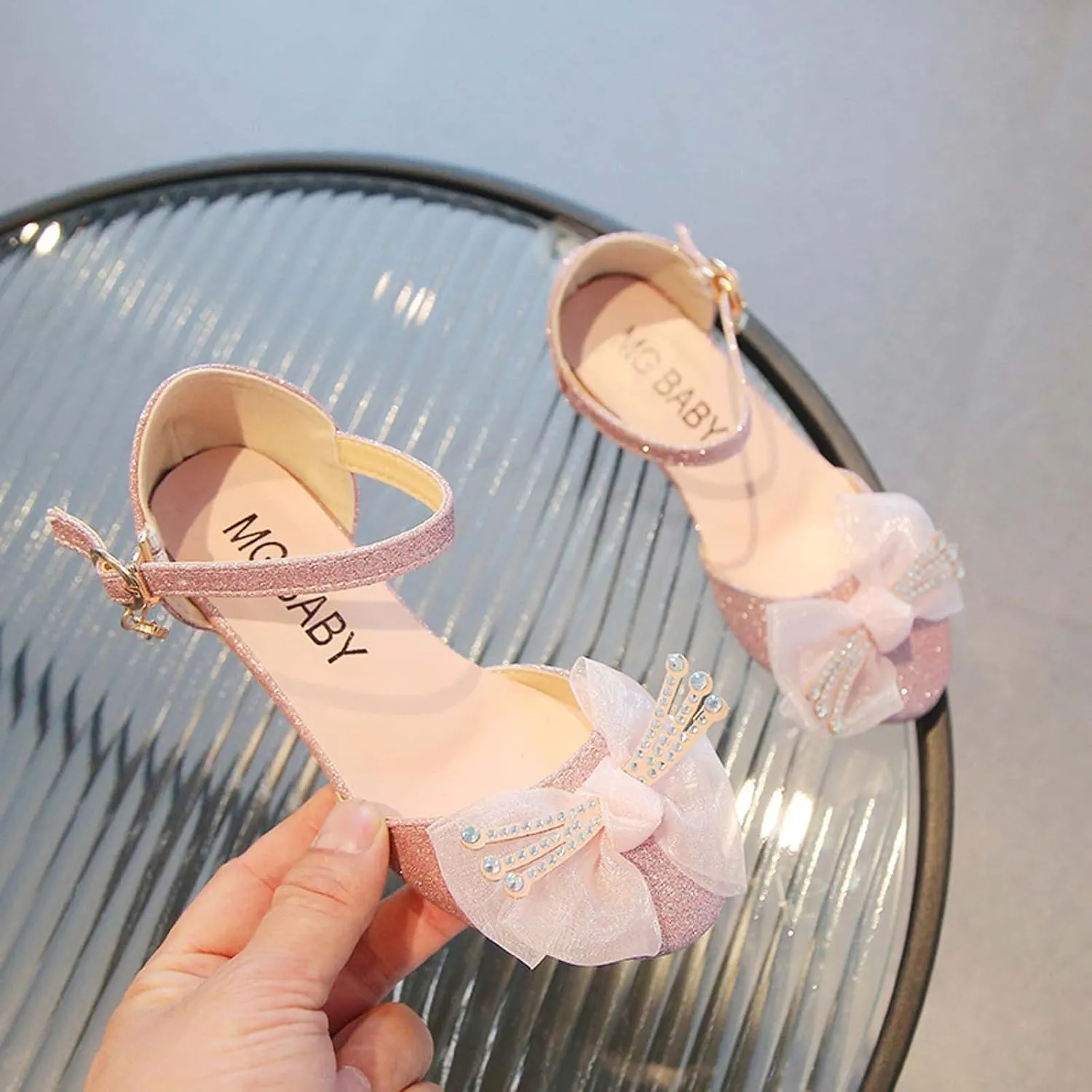 Baby Girl Faux PU Pumps Shoe Hook and Loop Sequin Sandals Rhinestone Decoration Princess Splicing Mesh Bow Low Heel
