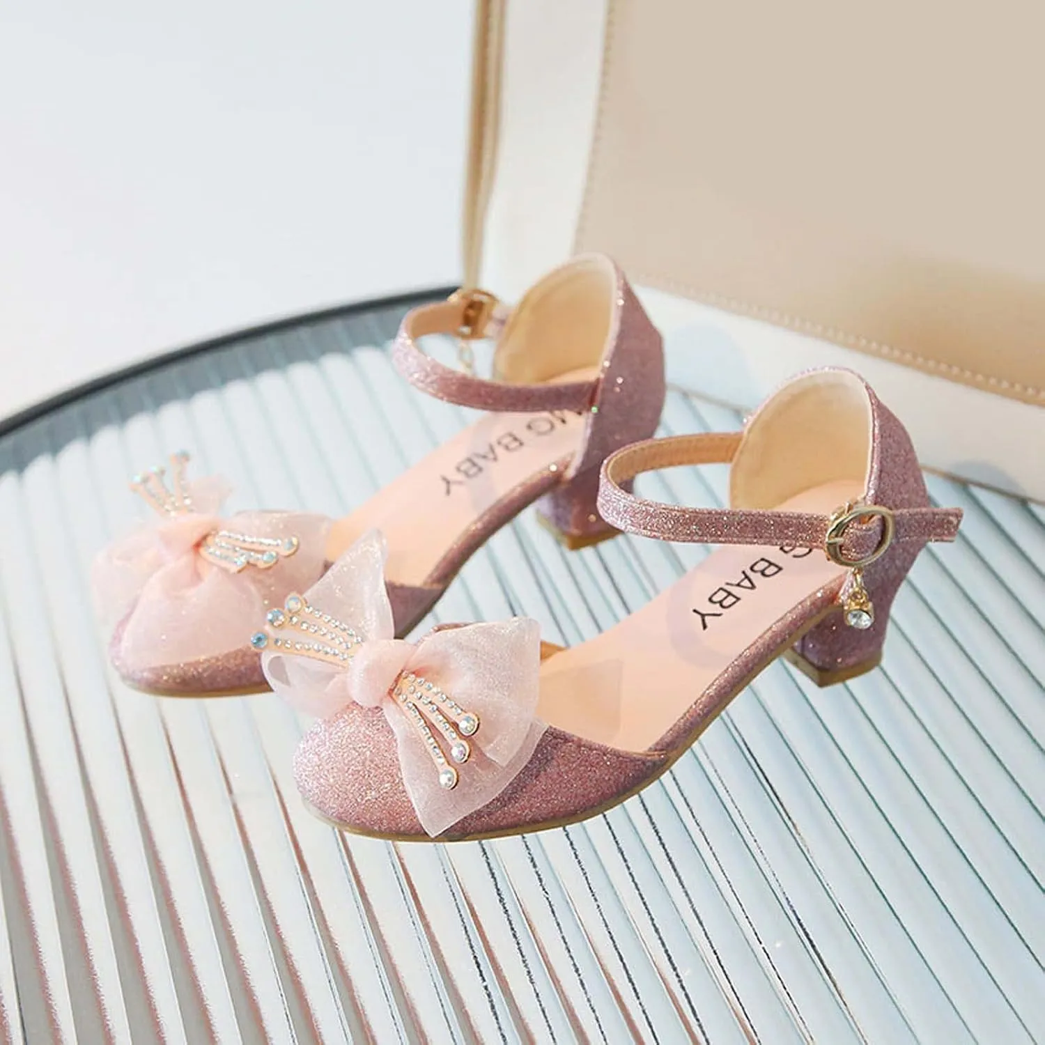 Baby Girl Faux PU Pumps Shoe Hook and Loop Sequin Sandals Rhinestone Decoration Princess Splicing Mesh Bow Low Heel
