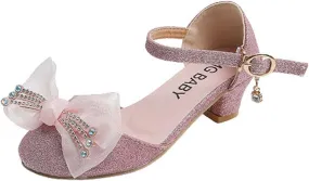 Baby Girl Faux PU Pumps Shoe Hook and Loop Sequin Sandals Rhinestone Decoration Princess Splicing Mesh Bow Low Heel