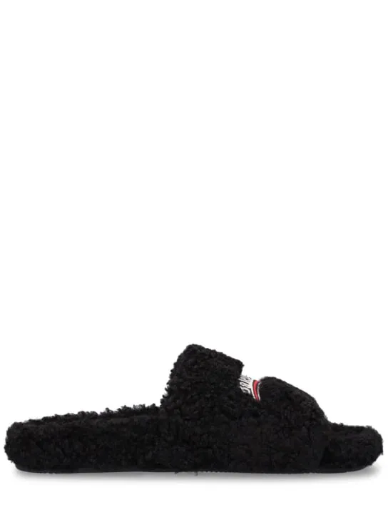Balenciaga   Political logo furry slide sandals 