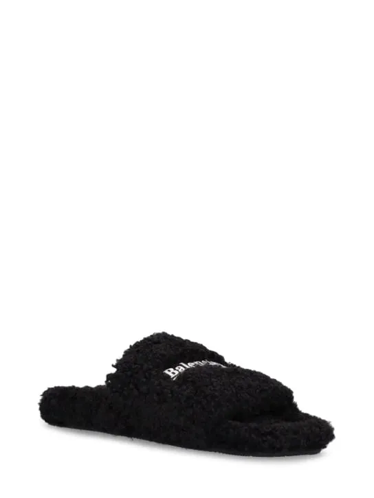 Balenciaga   Political logo furry slide sandals 