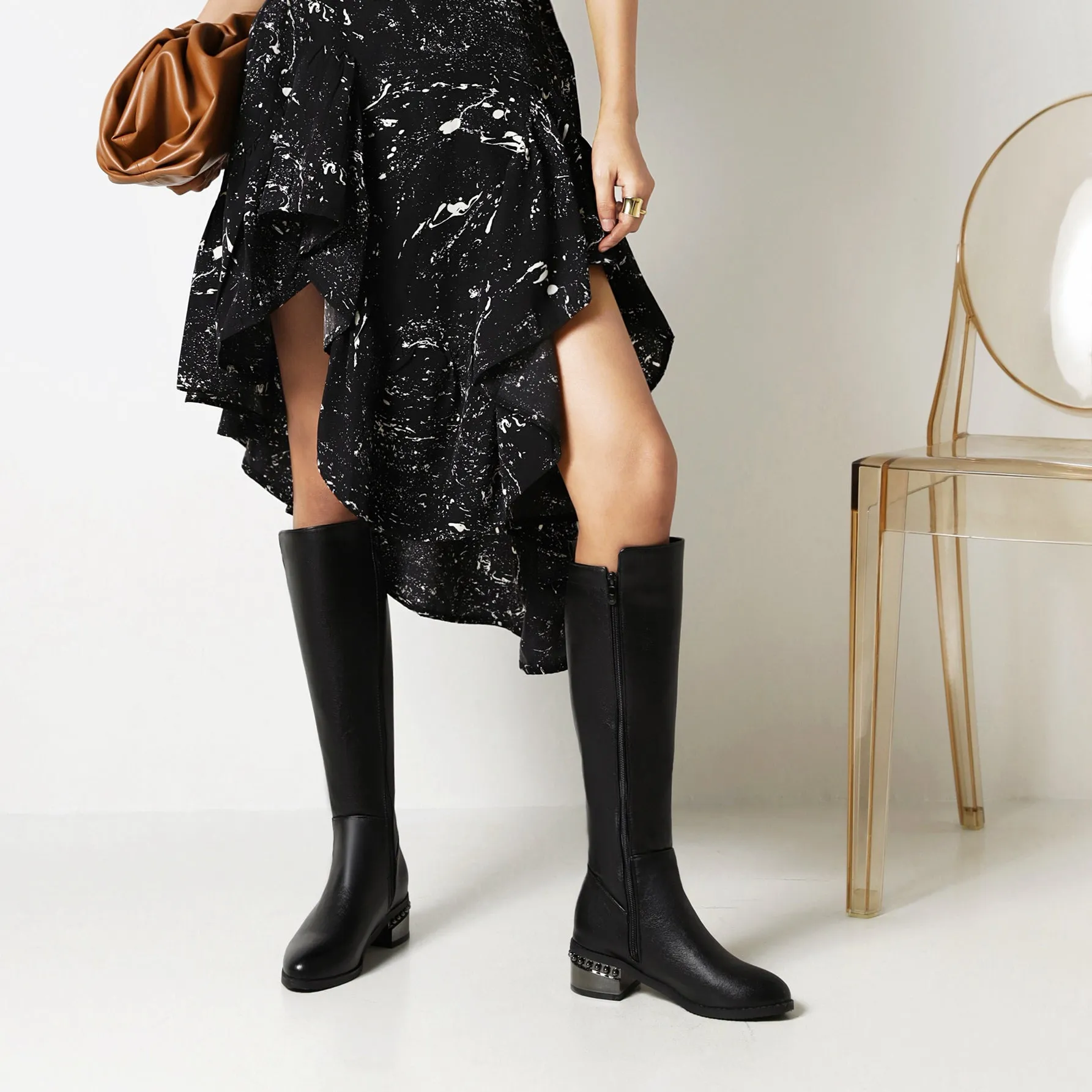 Bigsizeheels Simple solid color round toe over-the-knee boots-Black