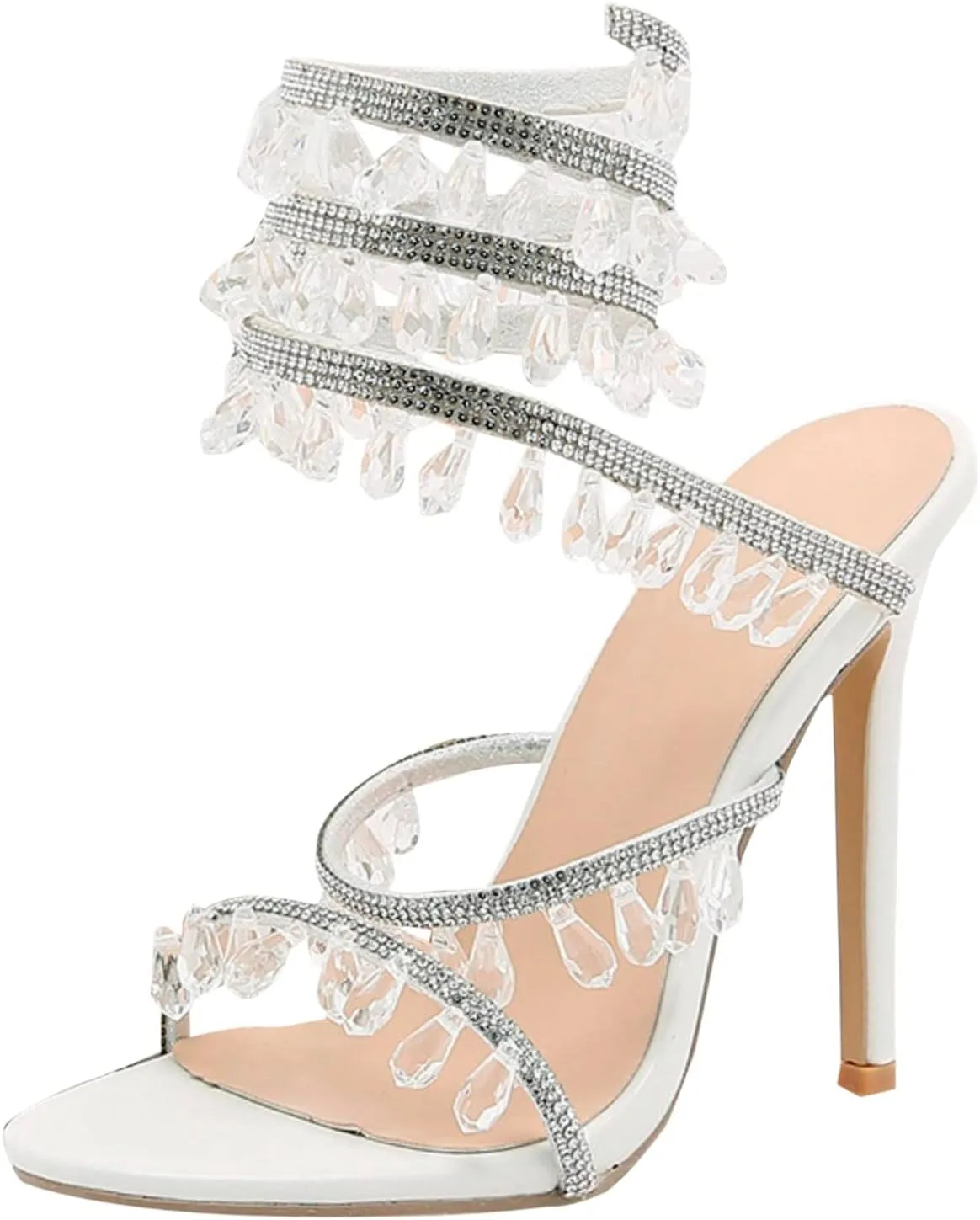 Crystal Sandals for Women Flat Summer Sandalias Luxury Rhinestone Ankle Wrapping Women Stiletto Heel Sandals Wedding Shoes Banquet Shoes Strap Heels for Women (White, 8)