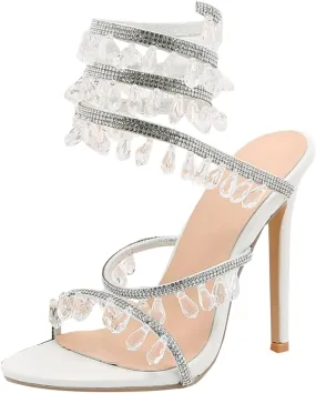 Crystal Sandals for Women Flat Summer Sandalias Luxury Rhinestone Ankle Wrapping Women Stiletto Heel Sandals Wedding Shoes Banquet Shoes Strap Heels for Women (White, 8)