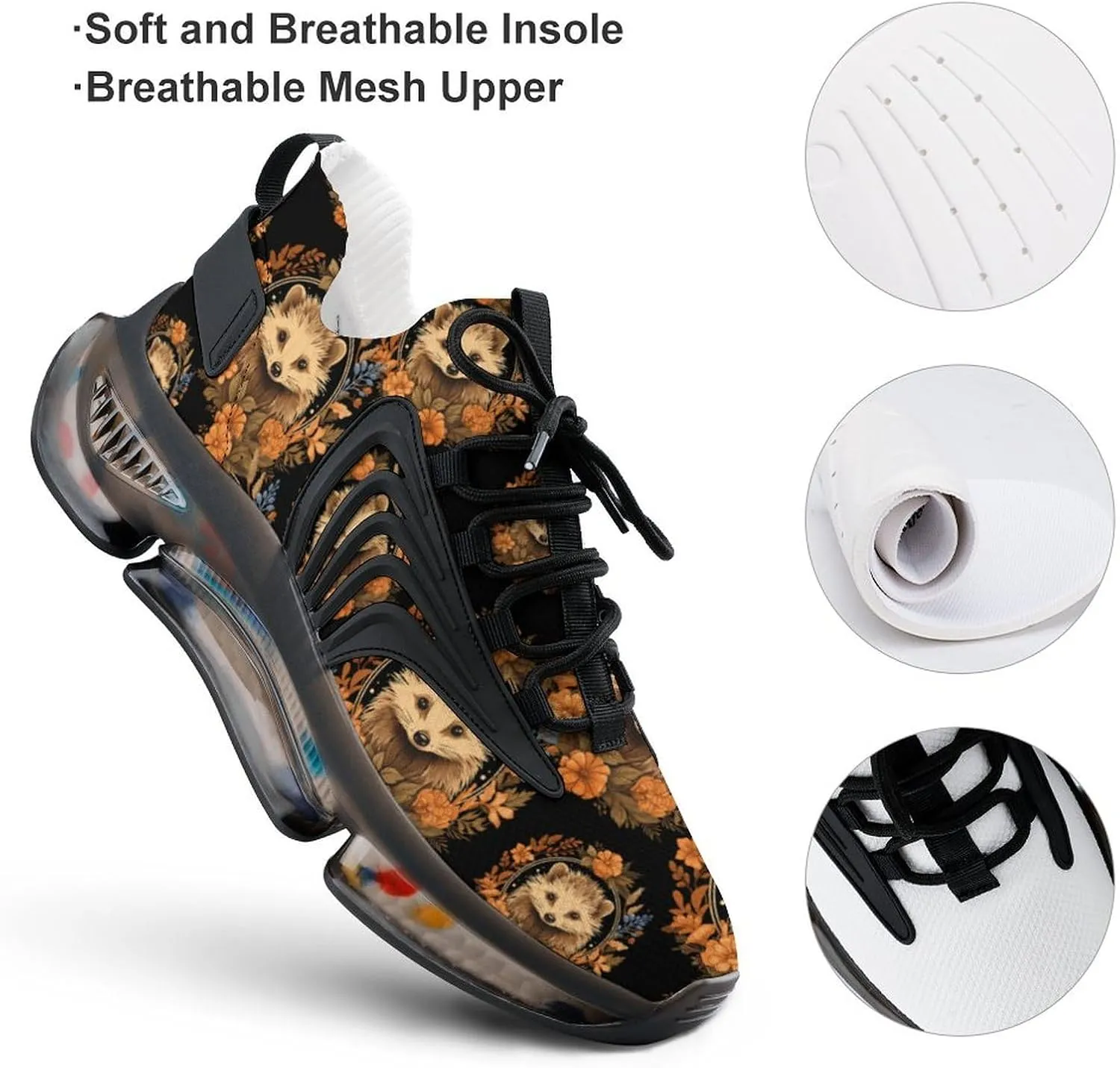 Cute Hedgehog Flower Mens Sneakers Running Shoes Lightweight Athletic Shoes for Jogging Walking Gym