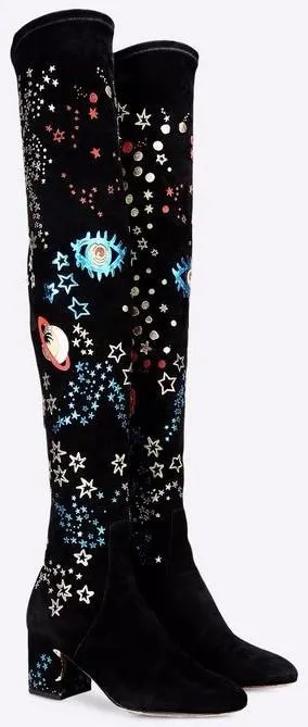 Embroidered Over-the-Knee Boots in Black
