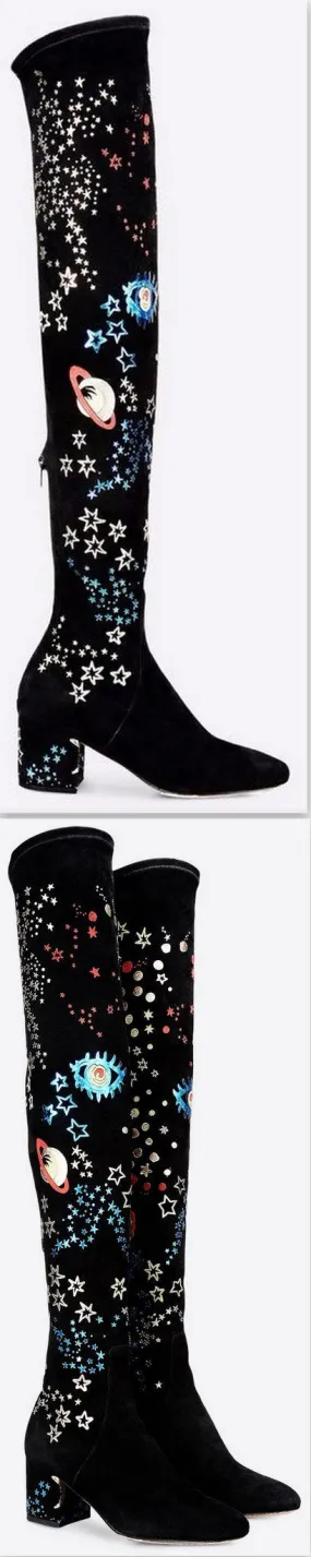 Embroidered Over-the-Knee Boots in Black