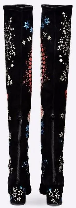 Embroidered Over-the-Knee Boots in Black