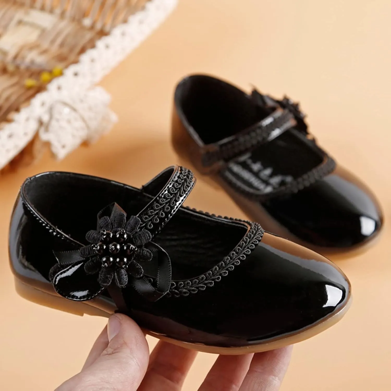 Girls Dress Shoes Toddler Girls Mary Jane with Pearls Low Heels Pumps for Flower Girl Wedding Party