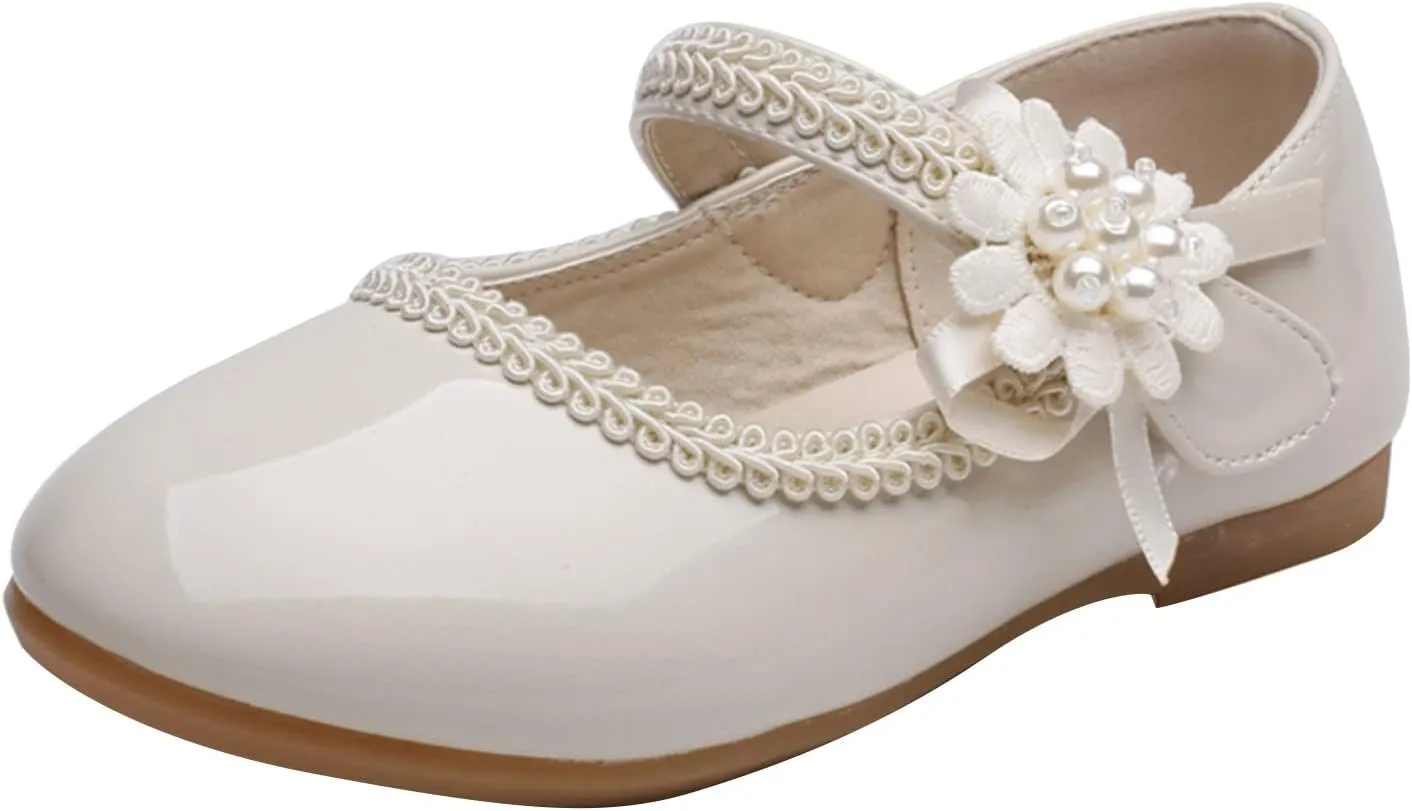 Girls Dress Shoes Toddler Girls Mary Jane with Pearls Low Heels Pumps for Flower Girl Wedding Party