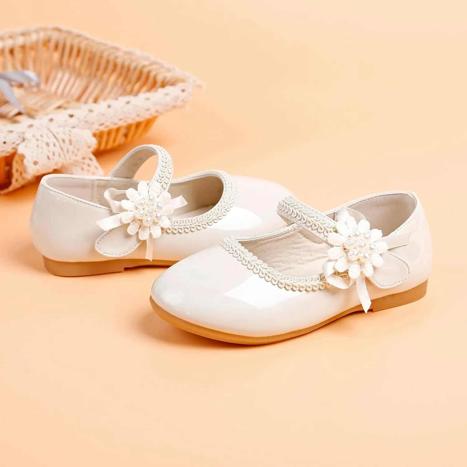Girls Dress Shoes Toddler Girls Mary Jane with Pearls Low Heels Pumps for Flower Girl Wedding Party