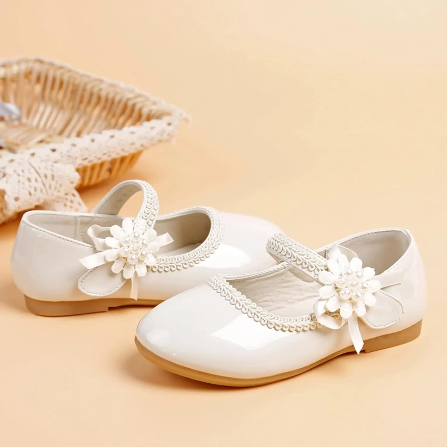 Girls Dress Shoes Toddler Girls Mary Jane with Pearls Low Heels Pumps for Flower Girl Wedding Party