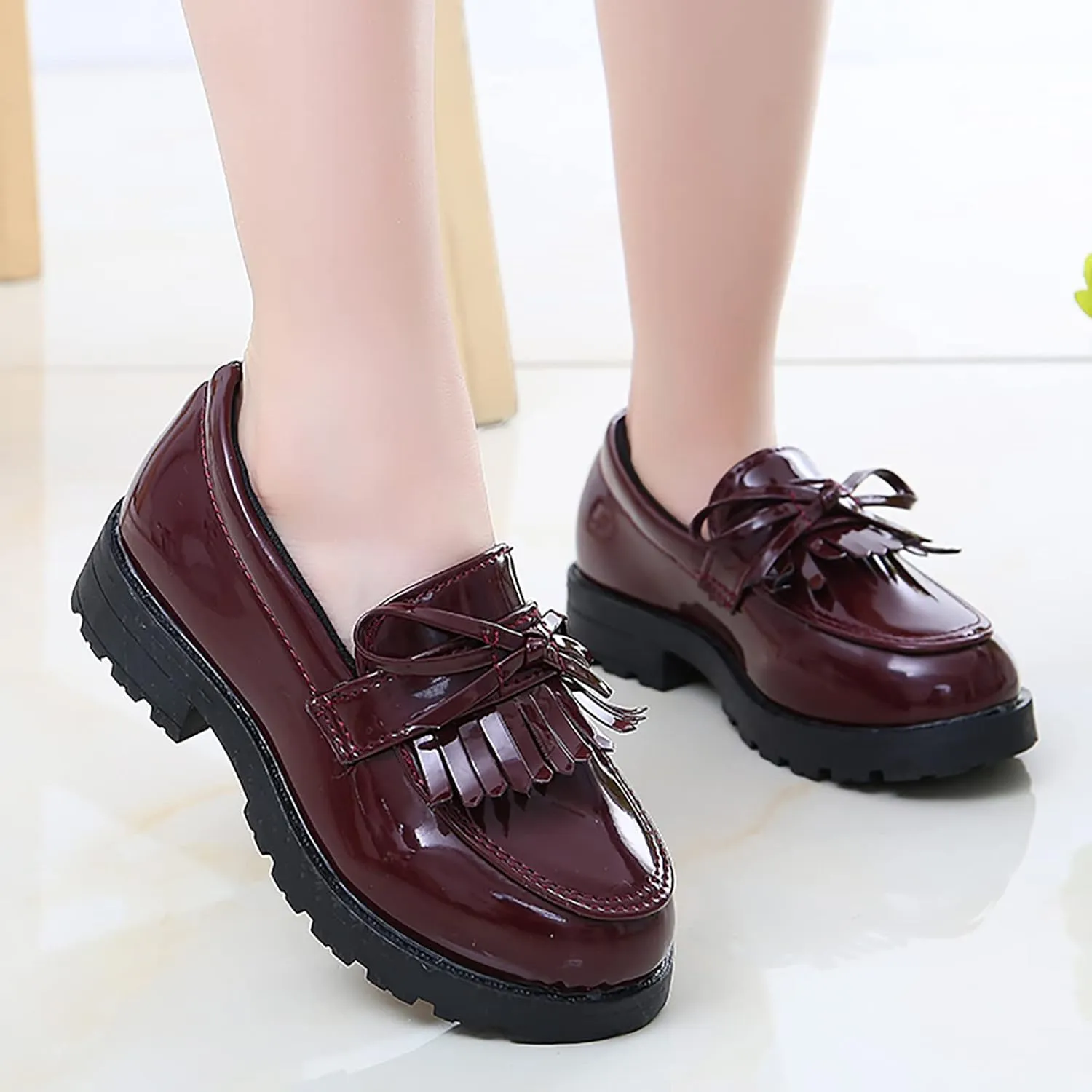 Girls Slip On Leather Loafer Tassel Bow School Dress Shoes For Girls Girls Dress up