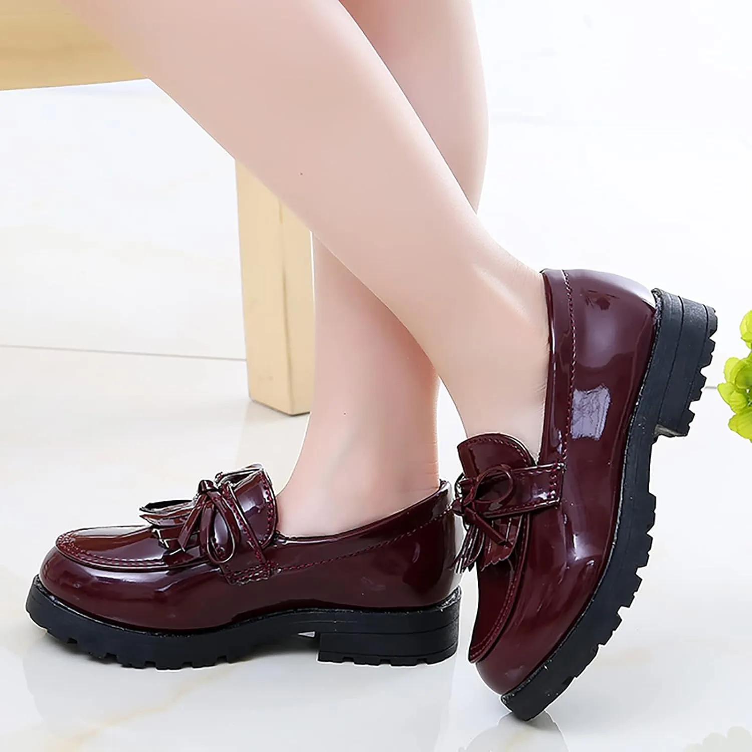 Girls Slip On Leather Loafer Tassel Bow School Dress Shoes For Girls Girls Dress up