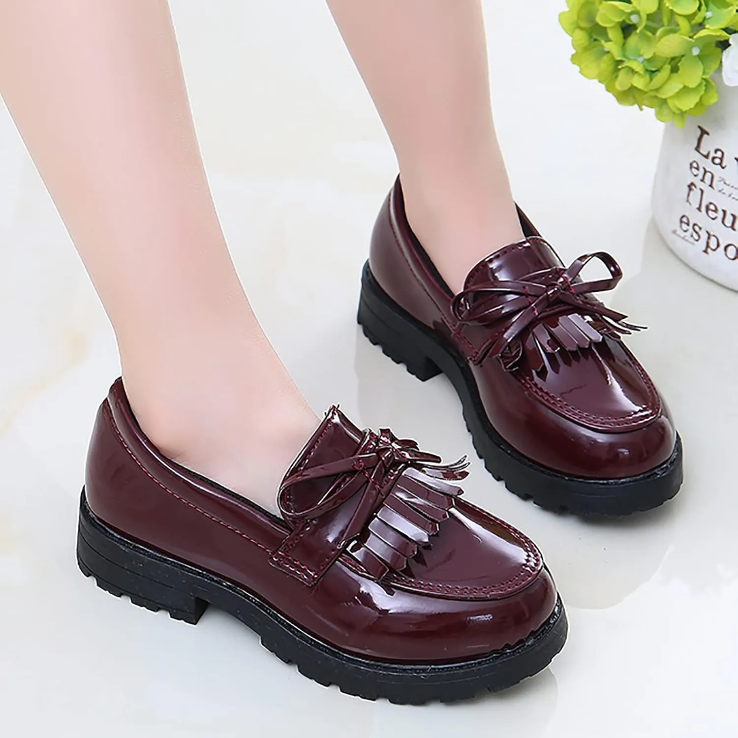 Girls Slip On Leather Loafer Tassel Bow School Dress Shoes For Girls Girls Dress up