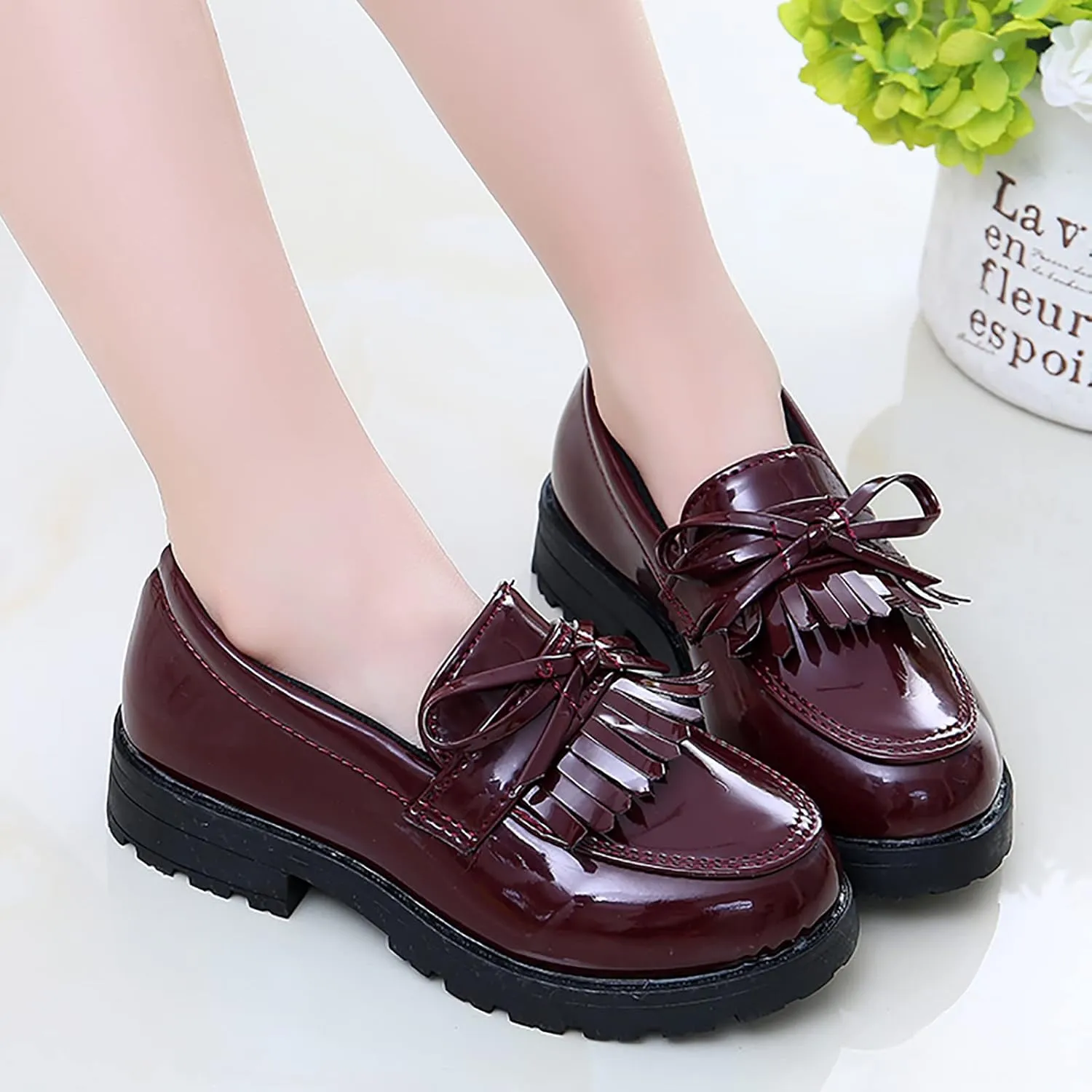 Girls Slip On Leather Loafer Tassel Bow School Dress Shoes For Girls Girls Dress up