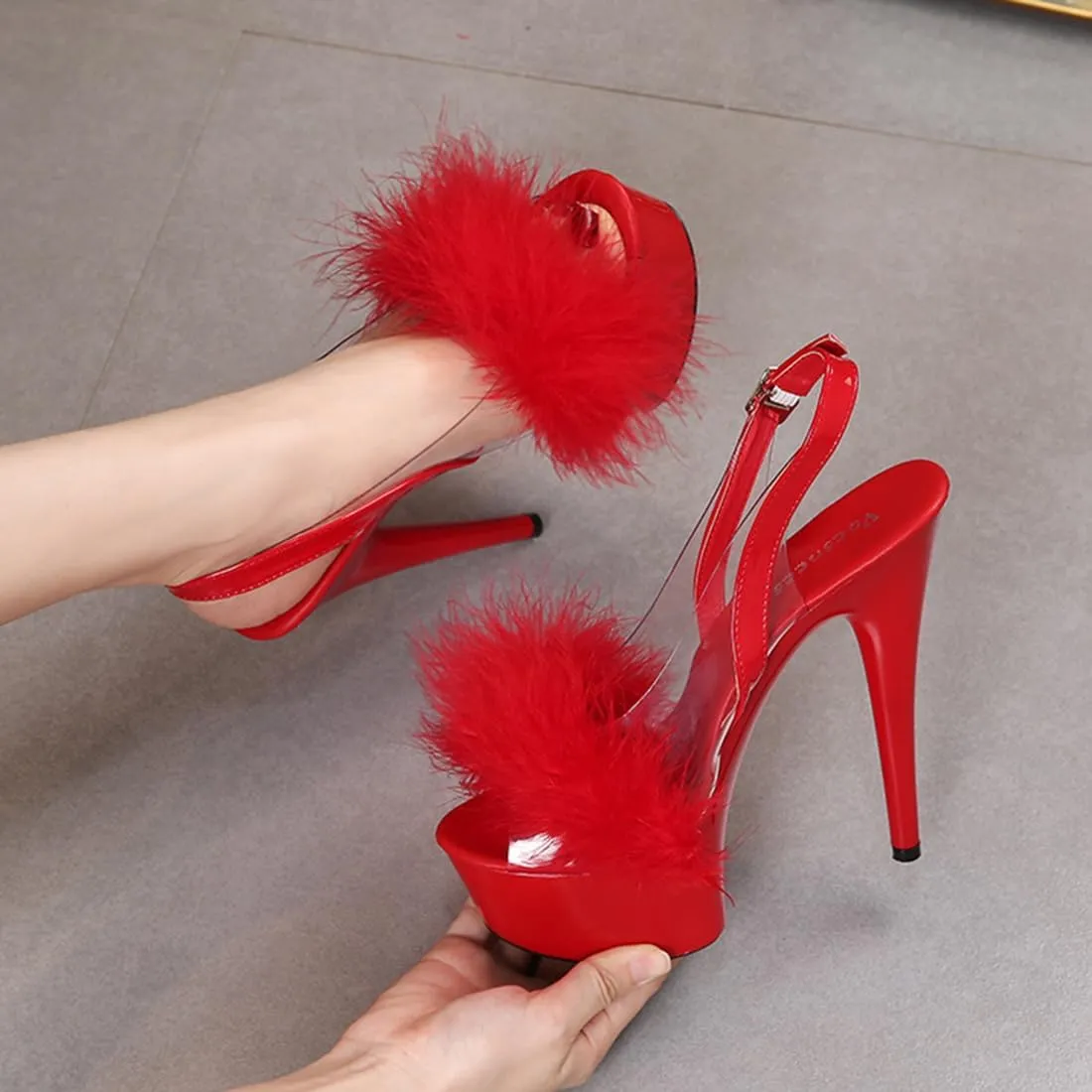 high heels Ankle Strap Fluffy Platform Heels for Women Sexy Sandals High- heeled Shoes Women Stiletto Durable Dress Sandals