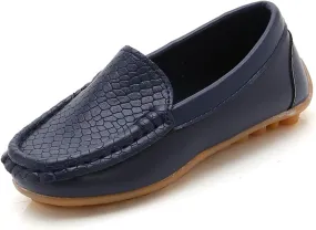 Kids Leather Loafers Slip-On Texture Flats Girls Boys Boat Shoes Toddler Soft Sole Moccasins School Tennis Shoes