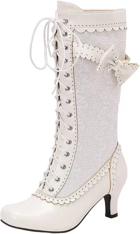 Knee High Boots WomenSquare Toe Chunky Block Heel Lace Up Boots with Side Zipper Embroidered Womens Boots