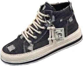 Men's Casual high Shoes, Thick-Soled, Anti-Slip Sports Skateboarding Shoes, Denim Fabric, Outdoor