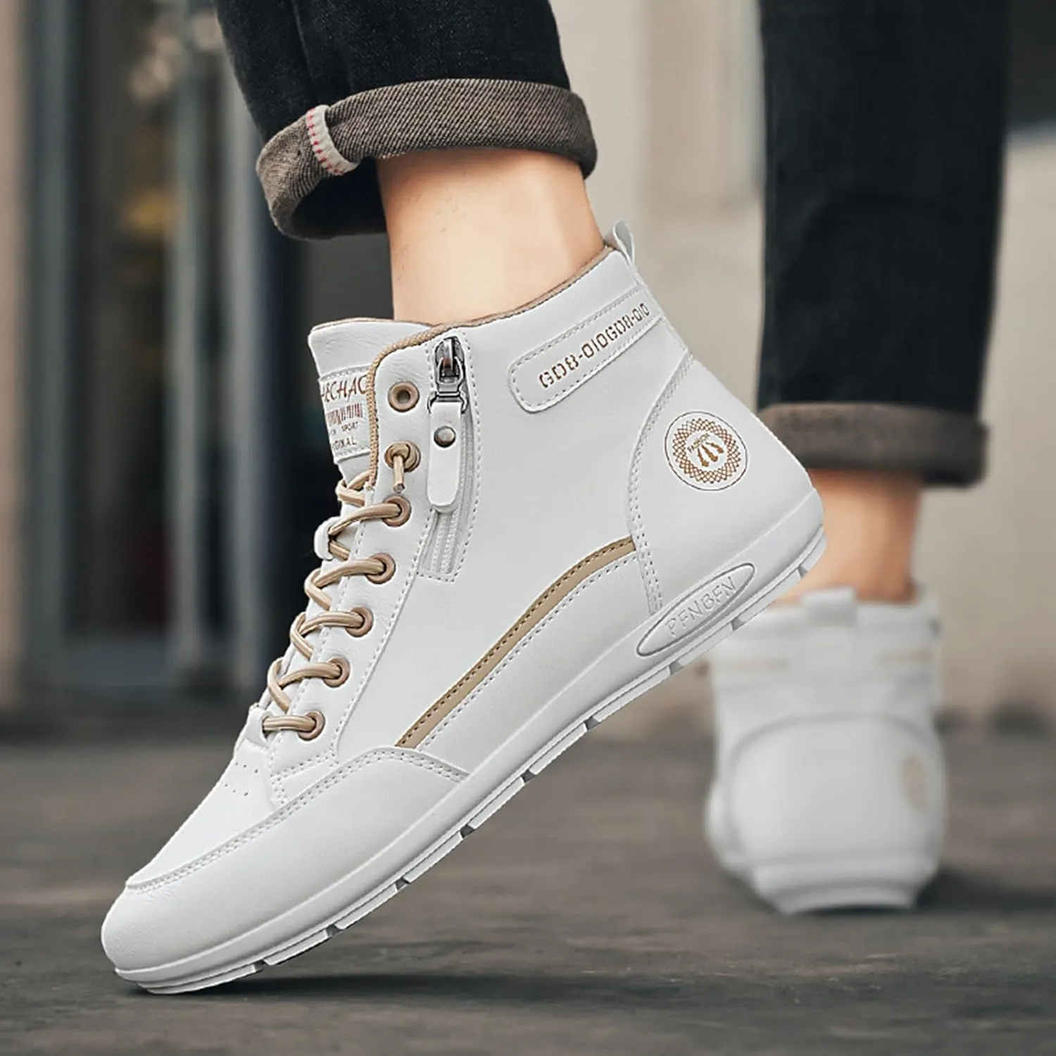 Mens High Top Sneakers Side Zip-up Lace-up Casual Breathable Soft Walking Running Shoes Comfortable Tennis Shoes Flat Bottom Non Slip Summer Spring Mens Shoe