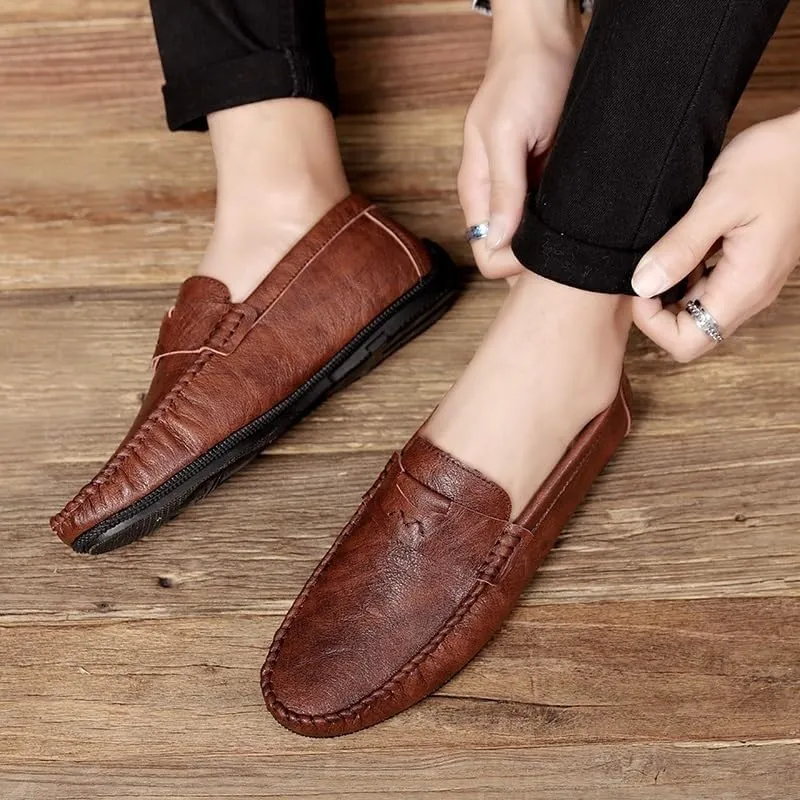 Men's Vegan Leather Loafers - Solid Color Round Toe Flexible Slip-Ons with Flat Heel, Resistant for Wedding, Outdoor, and Casual Wear