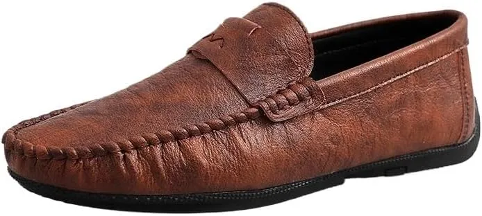 Men's Vegan Leather Loafers - Solid Color Round Toe Flexible Slip-Ons with Flat Heel, Resistant for Wedding, Outdoor, and Casual Wear