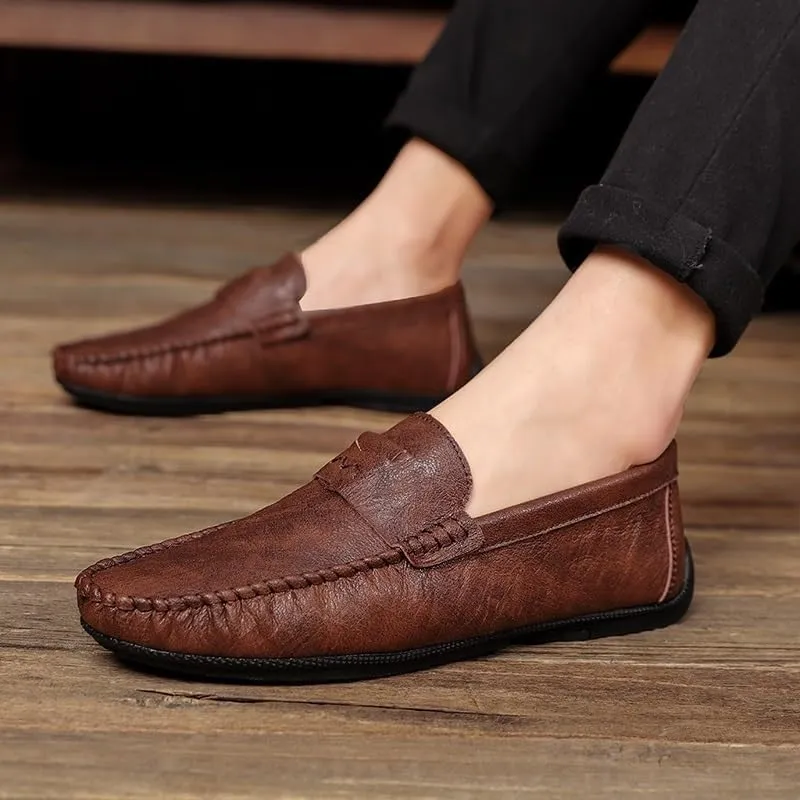 Men's Vegan Leather Loafers - Solid Color Round Toe Flexible Slip-Ons with Flat Heel, Resistant for Wedding, Outdoor, and Casual Wear