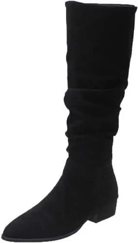 Mid Calf Boots for Women, Solid Color Pointed Toe Wide Calf Chunky Heels Pleated Knee High Boots Mid Calf Block Heel Boots