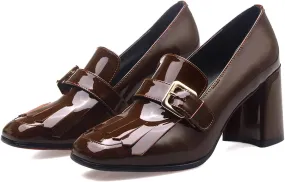 MOOMMO Women Chunky Block Heel Loafers Pumps Square Closed Toe Slip On Dress Shoes Patent Leather Oxford Loafer Shoes Fringe Buckle Tassel Wingtip Office Work Shoe Business Professional 4-11 M US