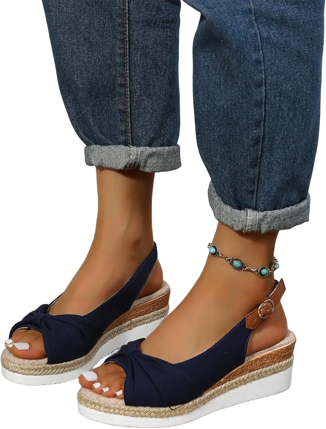 Orthopedic Sandals for Women, Women Walking Slip On Wedge Sandals Summer Dressy Open Toe Ankle Strap Platform Beach Shoes Fashion Slingback Espadrille Bowknot Casual Shoes