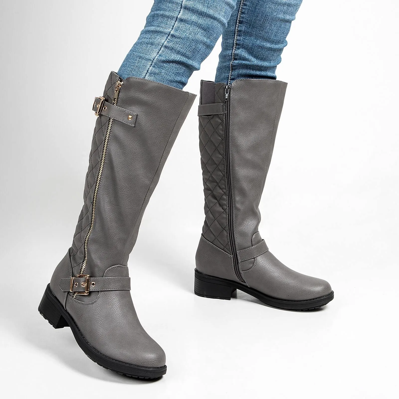 Quilted Knee High Riding Boots With Side Zipper