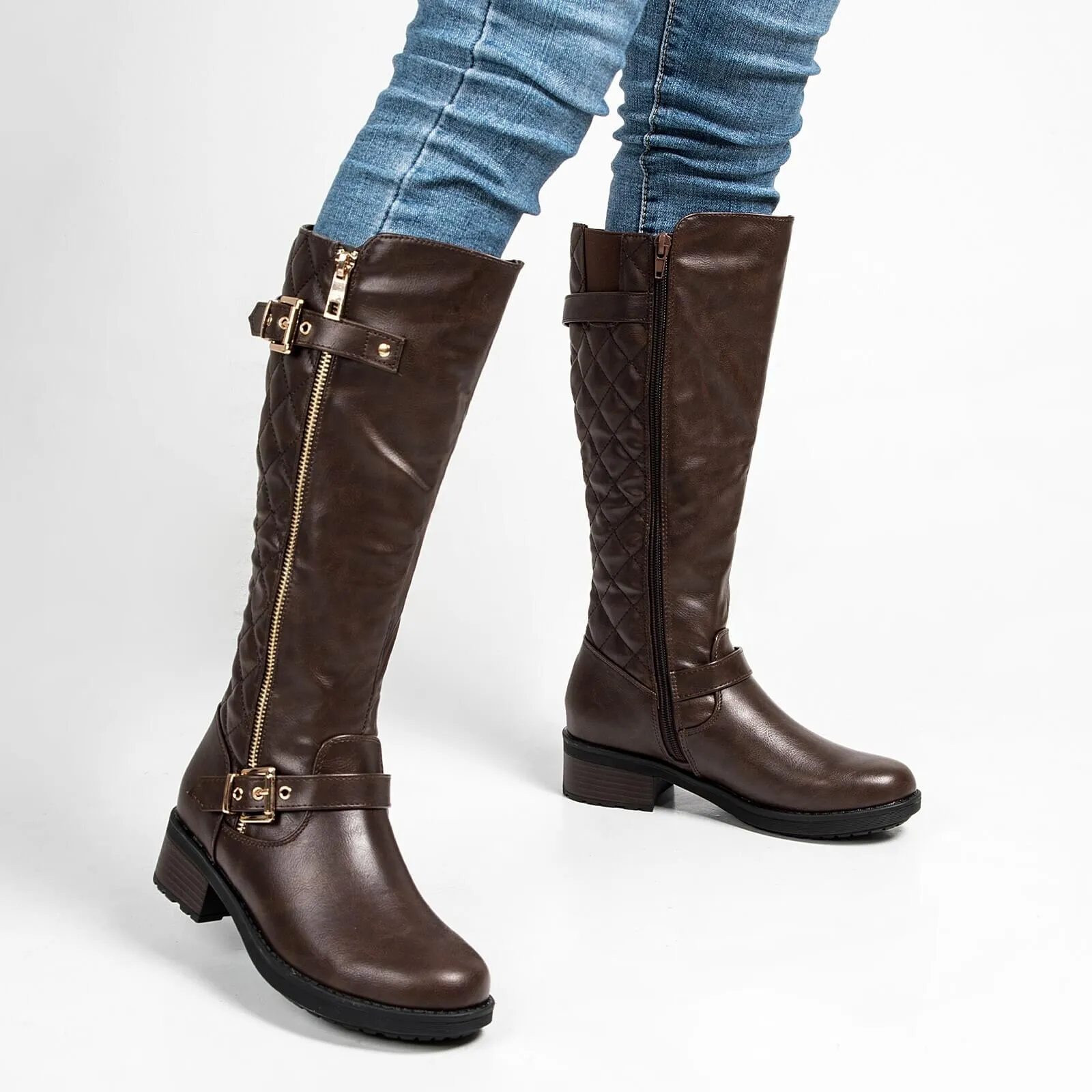 Quilted Knee High Riding Boots With Side Zipper