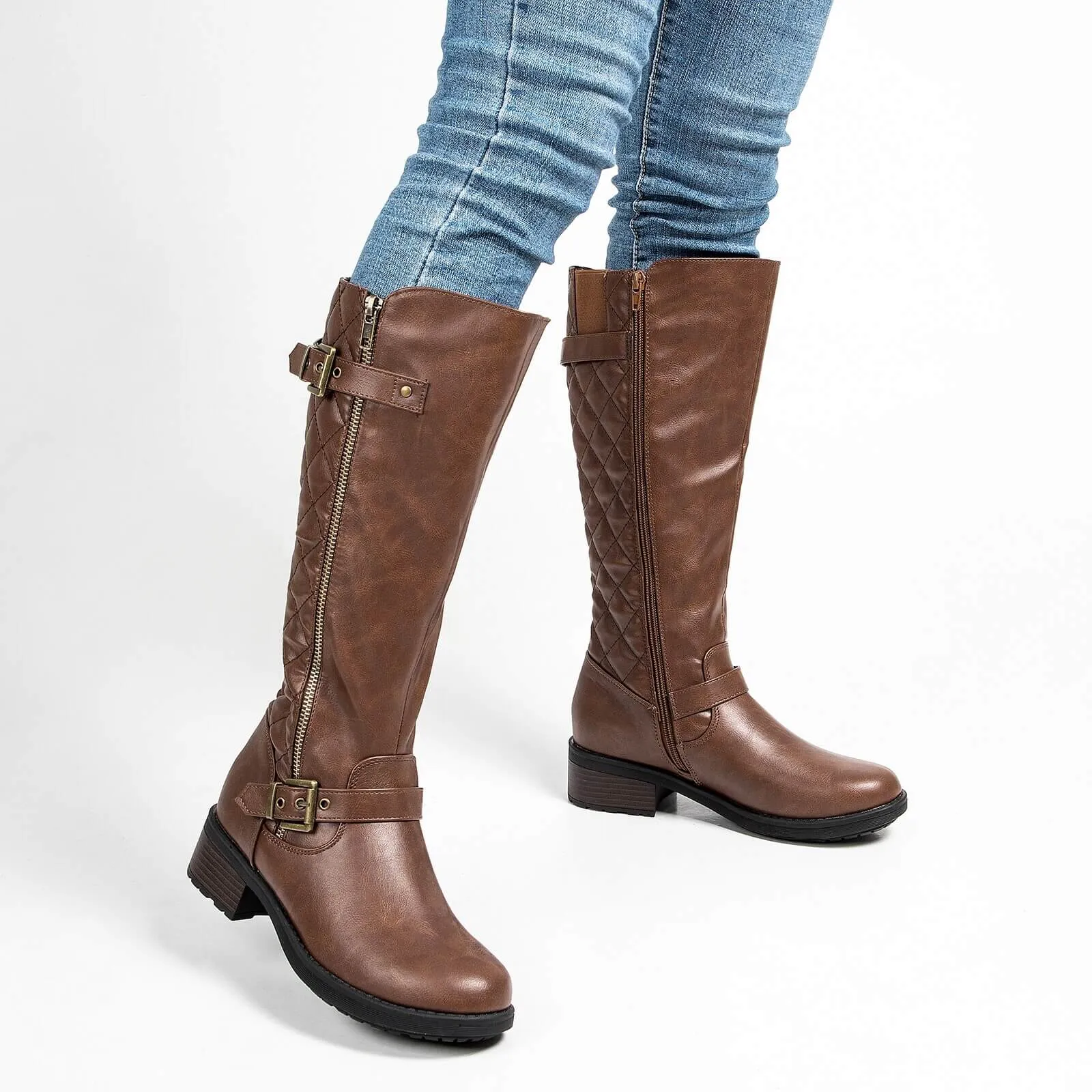 Quilted Knee High Riding Boots With Side Zipper