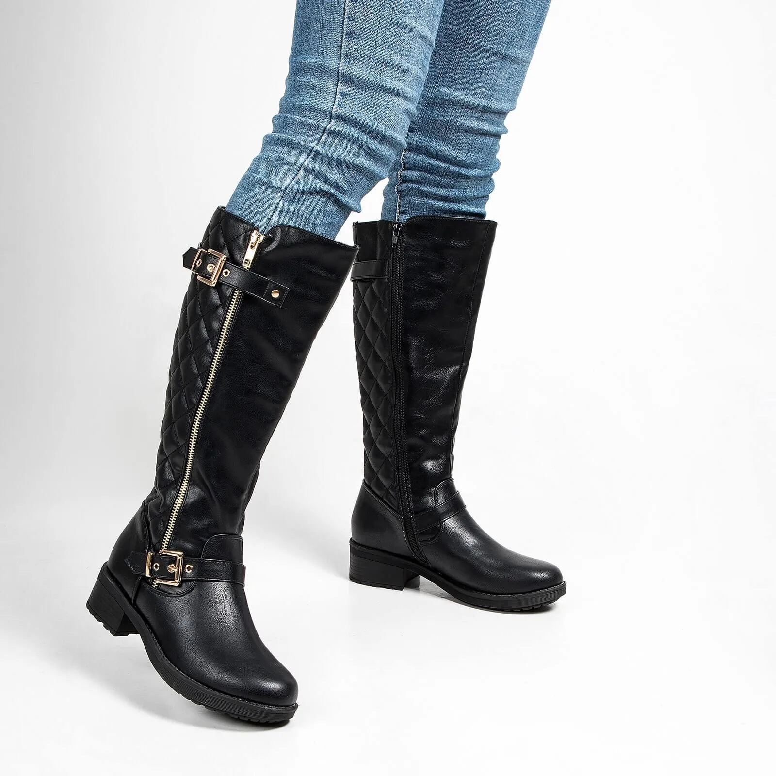 Quilted Knee High Riding Boots With Side Zipper