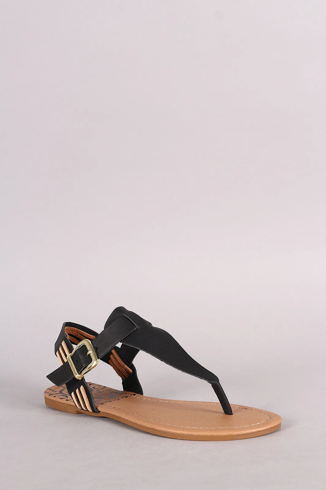 Qupid Contrast Stitched T-Strap Thong Flat Sandal