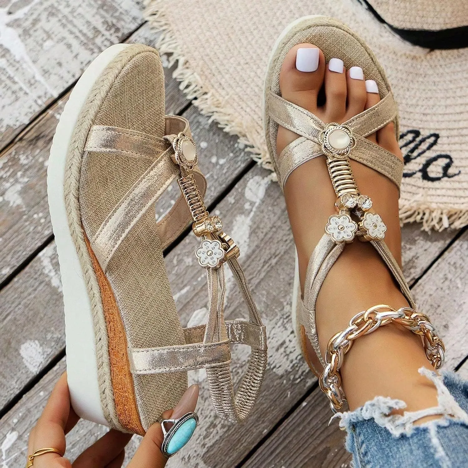 Summer Beach Sandals for Women 2025,Crystal Rhinestone Pearl Flat Sandals for Women Dressy Bling Sparkly Thong Sandals Comfortable T Strap Slip-On Shoes Casual Walking Sandals Strappy Sandals 