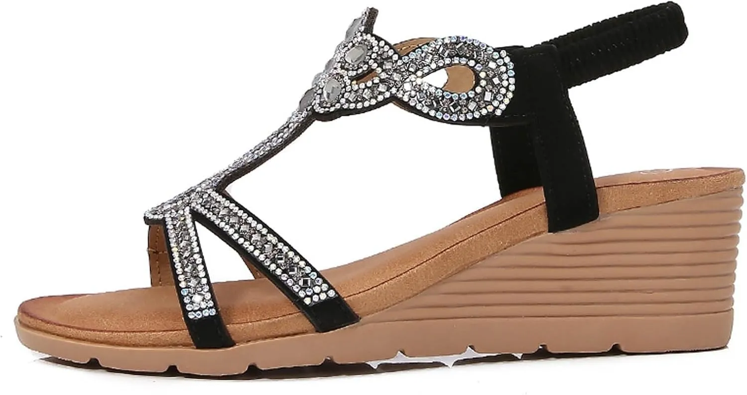 Wedge 2025 Heeled Sandals Cute Spring Open Toe Trendy Casual Comfort Summer Heel Dressy Cutout Party Beach Crystal Pearl Flat Bling Sparkly Thong Black Comfortable T Strap Rhinestone Shoes
