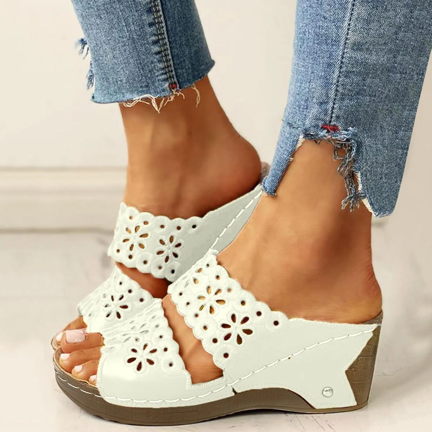 Women Shoes Thick Soled Wedge Sandals Casual Fashion Hollow Embroidery Bohemian Sandals Shoes Womens Leopard 8