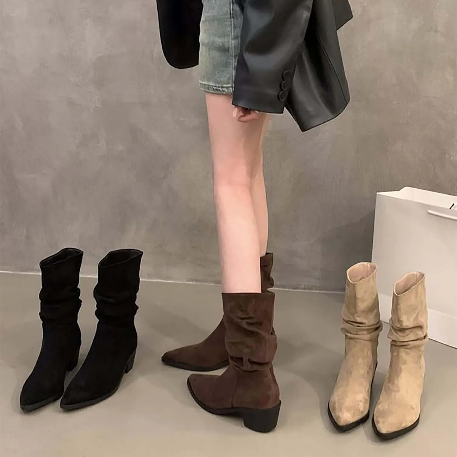 Womens Boots Mid Calf Pointed Toe Square Heel Boots for Women Knee High Wide Calf Knee High Boots for Women