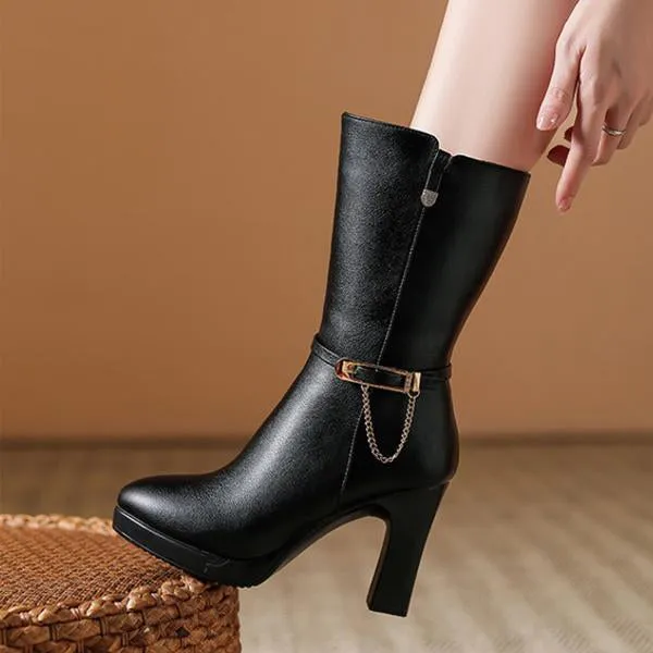 Women's Casual Belt Buckle Chunk Heel Mid-Calf Boots 35478235S