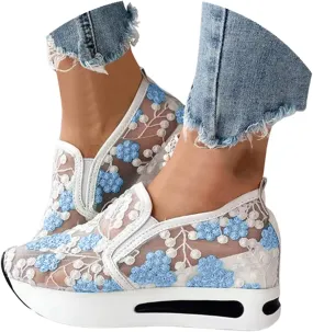 Womenyiaor Platform Wedge Sneakers for Women Dressy, Women's Fashion Sneakers 2024 Floral Embroidery Breathable Sheer Mesh High Heel Slip on Sneakers Casual Comfortable Walking Shoes