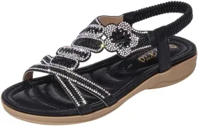 ZSpzx Womens Flat Sandals Flower Low Heel Dressy Elastic Ankle Strap Rhinestone Summer Comfortable Women's T-Strap Dress Open Toe Slip-On Casual Flowers Women Bohe Pearl Crystal Walking Beach Shoes